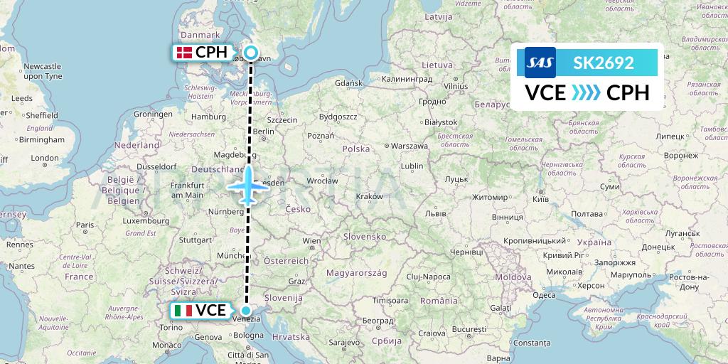 SK2692 SAS Flight Map: Venice to Copenhagen