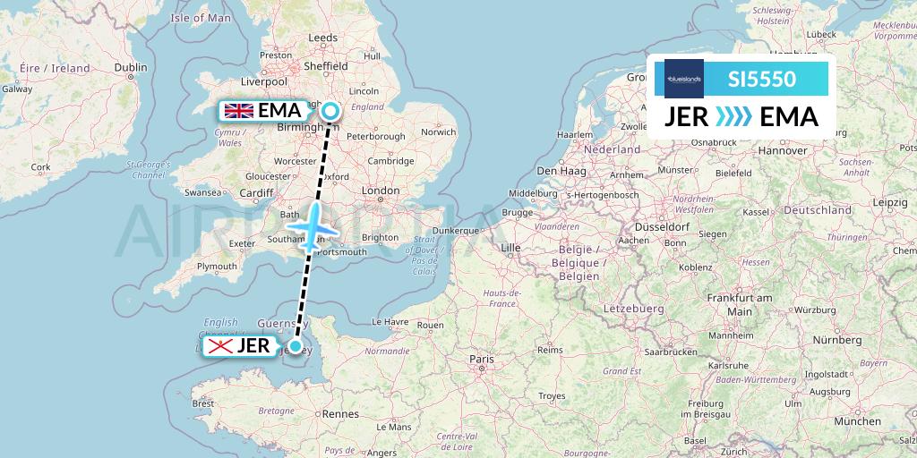 SI5550 Blue Islands Flight Map: Jersey to East Midlands