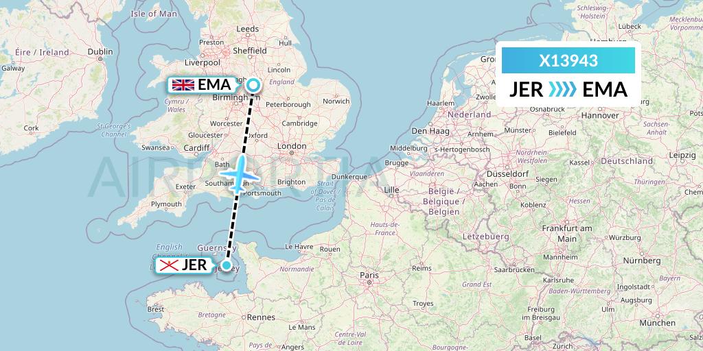 X13943 Nik Airways Flight Map: Jersey to East Midlands