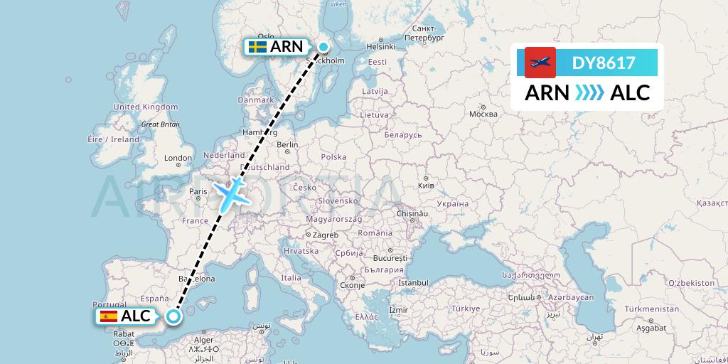 DY8617 Norwegian Flight Map: Stockholm to Alicante