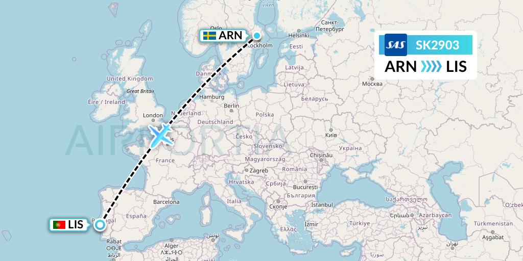 SK2903 SAS Flight Map: Stockholm to Lisbon