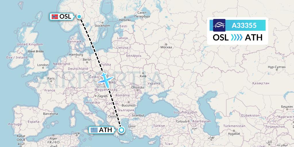A33355 Aegean Airlines Flight Map: Oslo to Athens