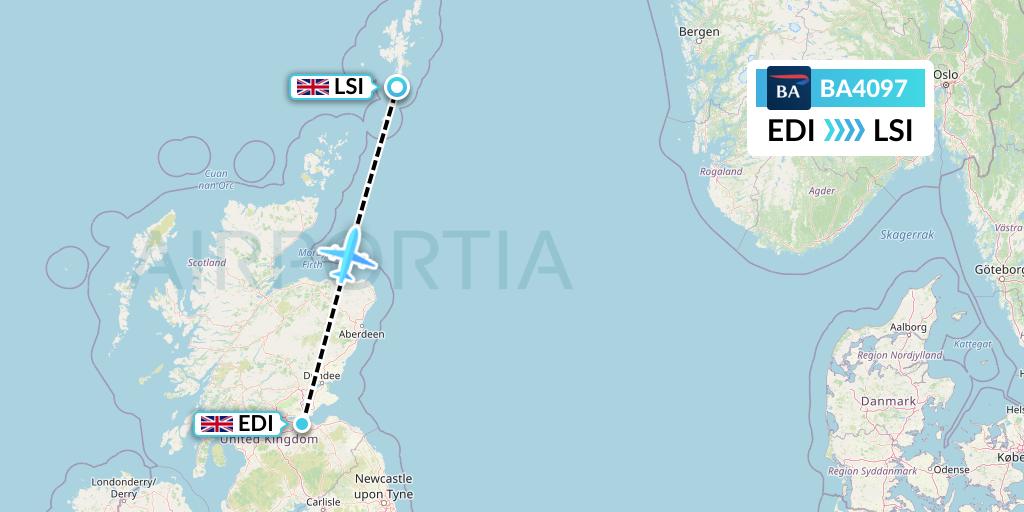 BA4097 British Airways Flight Map: Edinburgh to Sumburgh