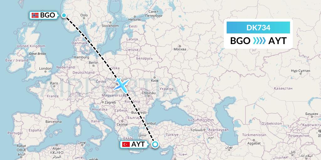 DK734 Thomas Cook Airlines Scandinavia Flight Map: Bergen to Antalya