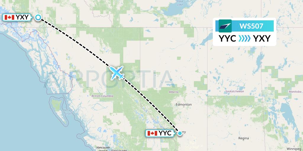 WS507 WestJet Flight Map: Calgary to Whitehorse