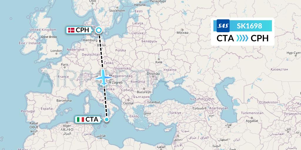 SK1698 SAS Flight Map: Catania to Copenhagen