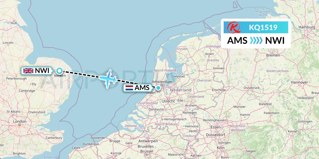 KQ1519 Kenya Airways Flight Map: Amsterdam to Norwich