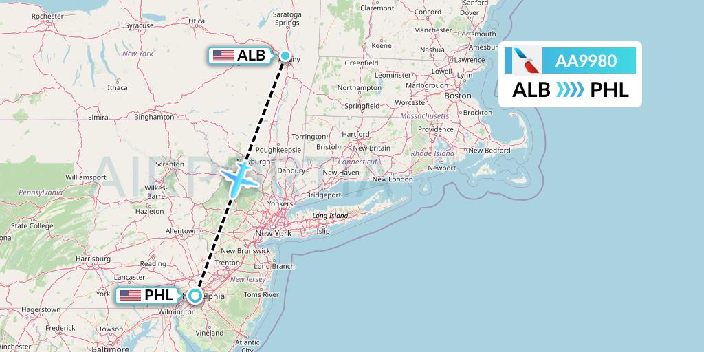AA9980 American Airlines Flight Map: Albany to Philadelphia