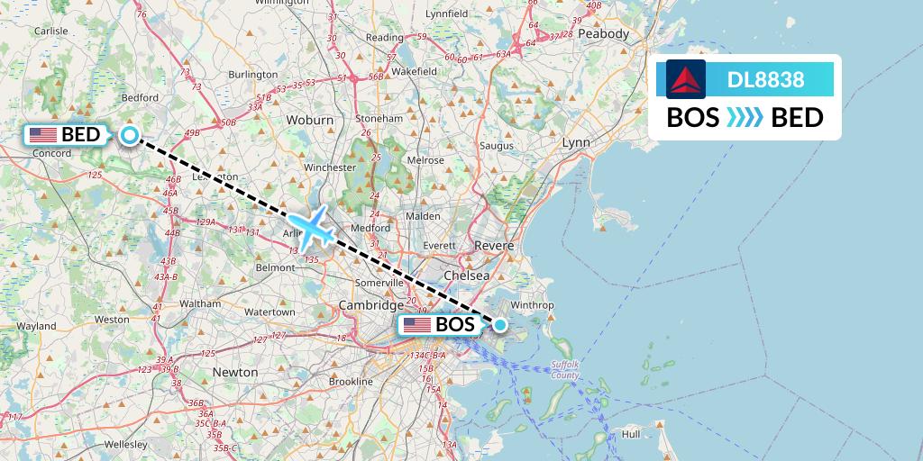 DL8838 Delta Air Lines Flight Map: Boston to Bedford