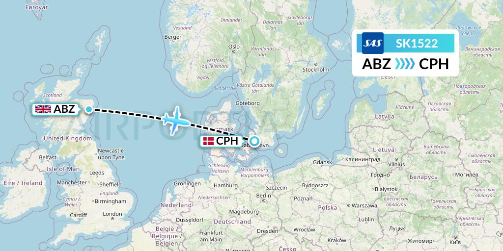 SK1522 SAS Flight Map: Aberdeen to Copenhagen