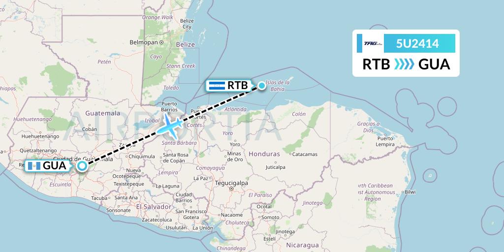 5U2414 TAG Airlines Flight Map: Roatan to Guatemala City