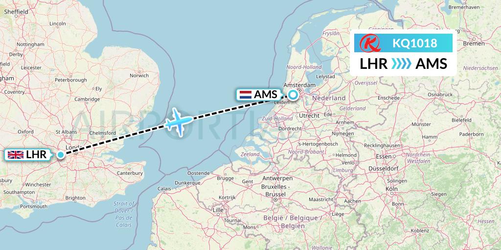 KQ1018 Kenya Airways Flight Map: London to Amsterdam