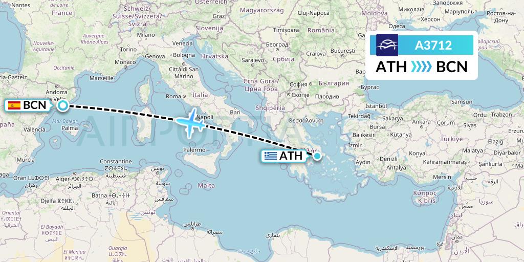 A3712 Aegean Airlines Flight Map: Athens to Barcelona
