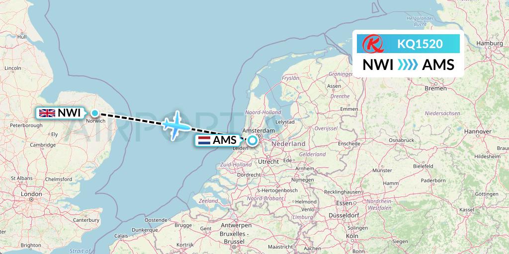 KQ1520 Kenya Airways Flight Map: Norwich to Amsterdam