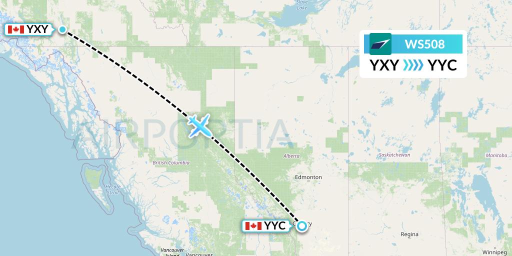 WS508 WestJet Flight Map: Whitehorse to Calgary