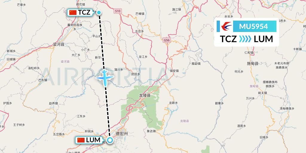 MU5954 China Eastern Airlines Flight Map: Tengchong to Mangshi
