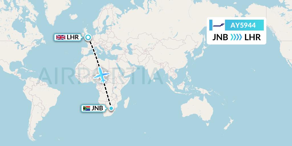 AY5944 Finnair Flight Map: Johannesburg to London