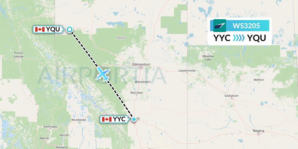 WS3205 WestJet Flight Map: Calgary to Grande Prairie