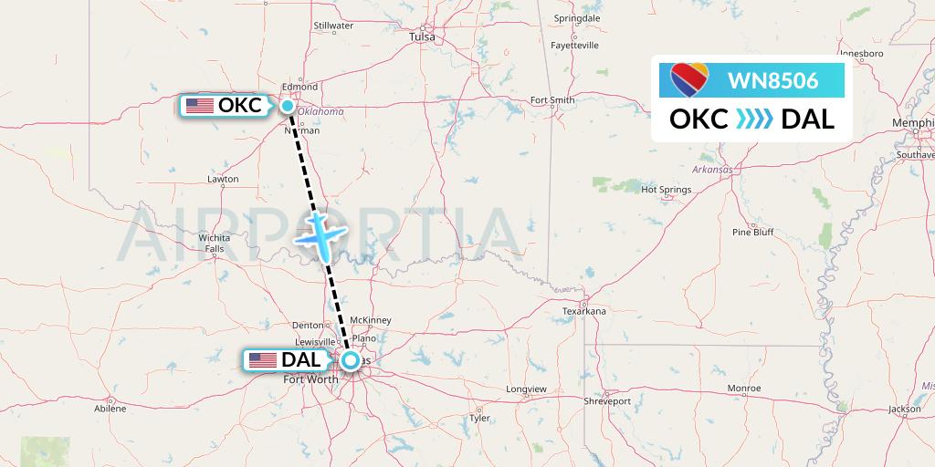 WN8506 Southwest Airlines Flight Map: Oklahoma City to Dallas