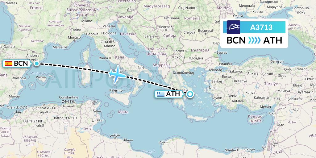 A3713 Aegean Airlines Flight Map: Barcelona to Athens