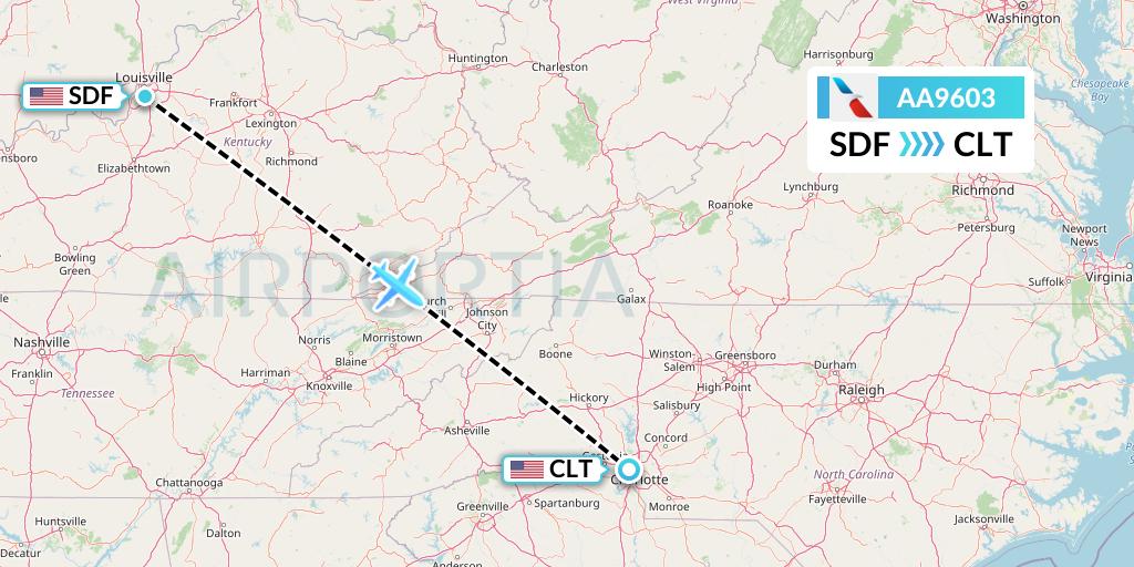 AA9603 American Airlines Flight Map: Louisville to Charlotte