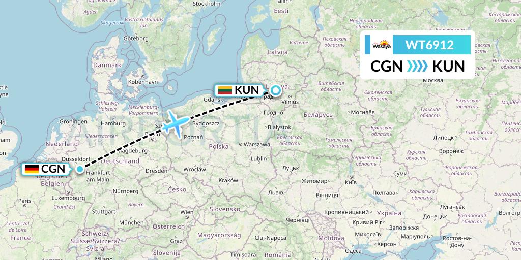 WT6912 Swiftair Flight Map: Cologne to Kaunas