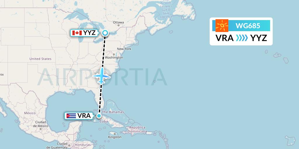 WG685 Sunwing Airlines Flight Map: Varadero to Toronto