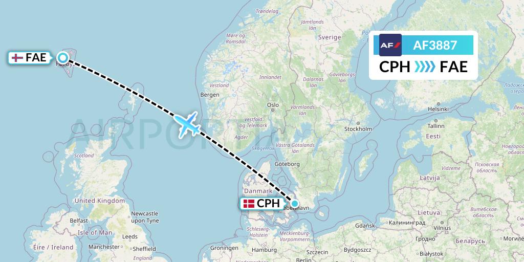 AF3887 Air France Flight Map: Copenhagen to Vagar