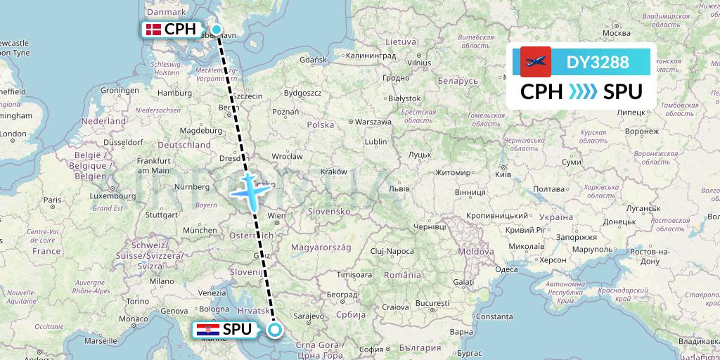DY3288 Norwegian Flight Map: Copenhagen to Split