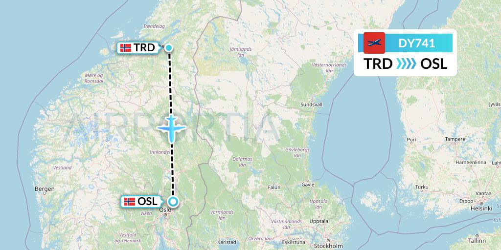 DY741 Norwegian Flight Map: Trondheim to Oslo