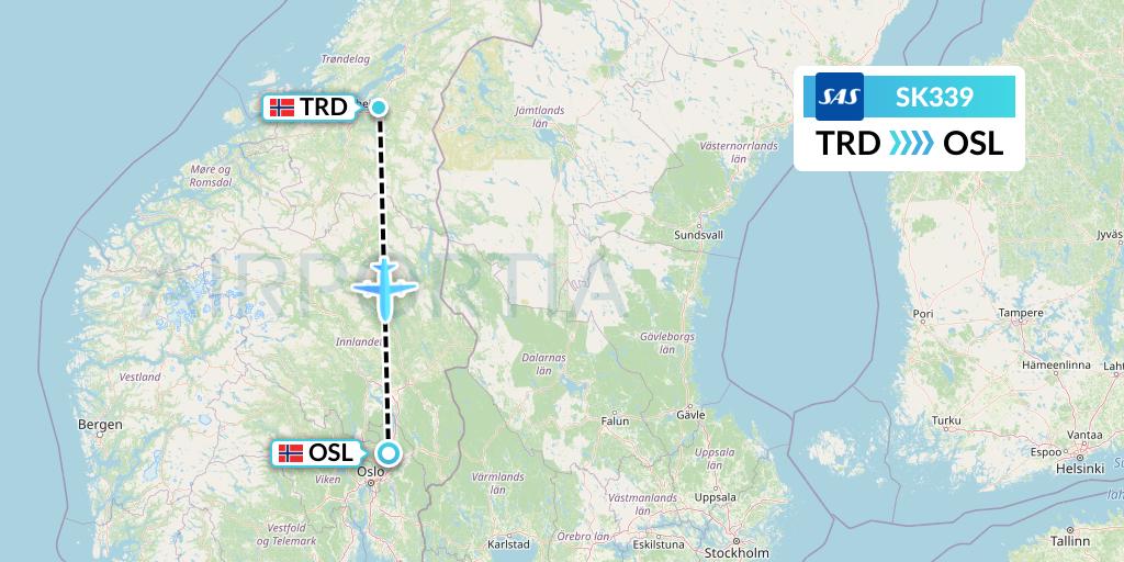 SK339 SAS Flight Map: Trondheim to Oslo