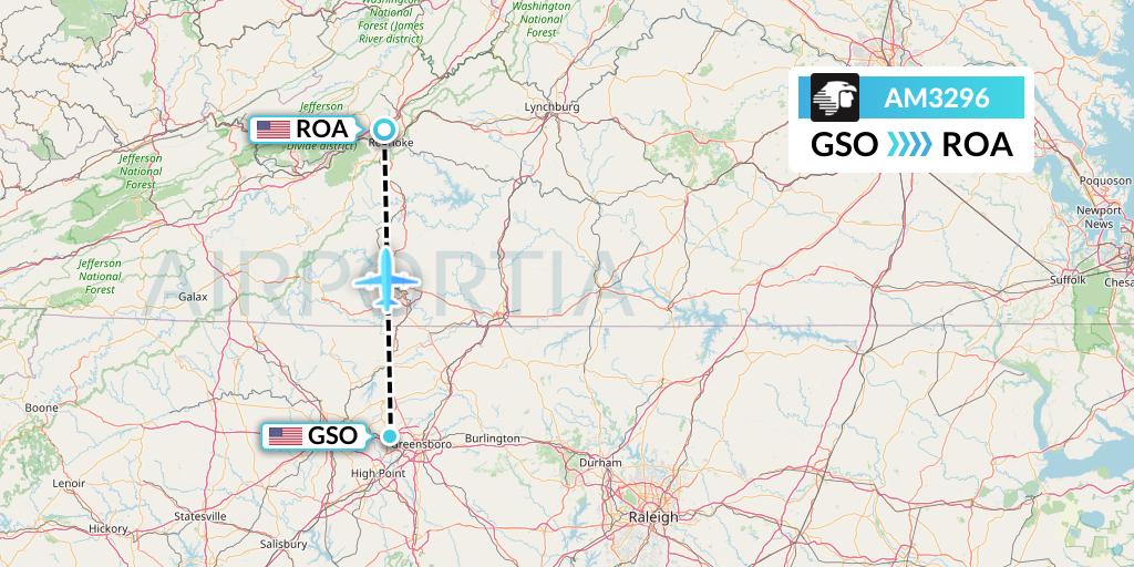AM3296 Aeromexico Flight Map: Greensboro to Roanoke
