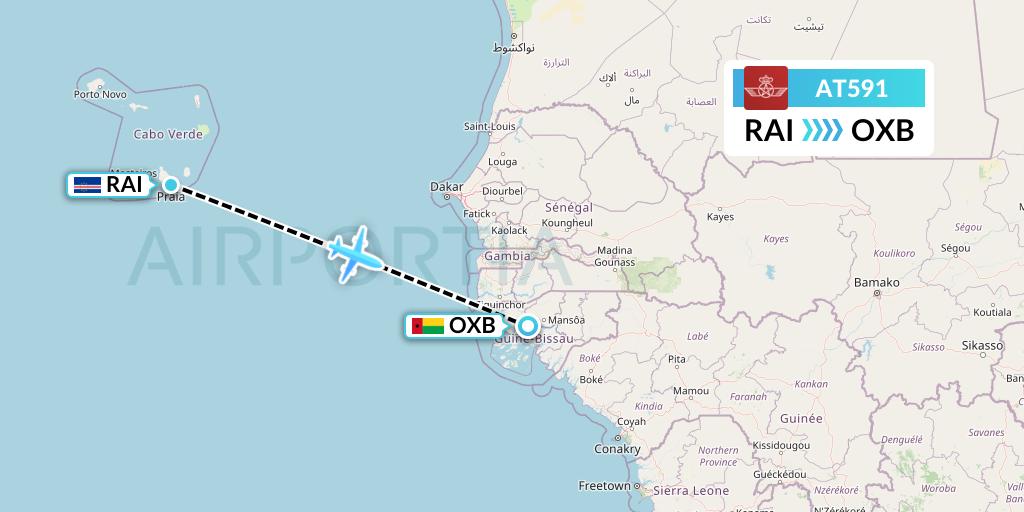 AT591 Royal Air Maroc Flight Map: Praia to Bissau