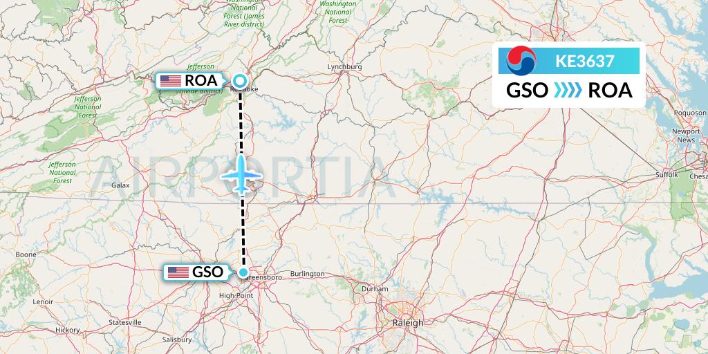 KE3637 Korean Air Flight Map: Greensboro to Roanoke