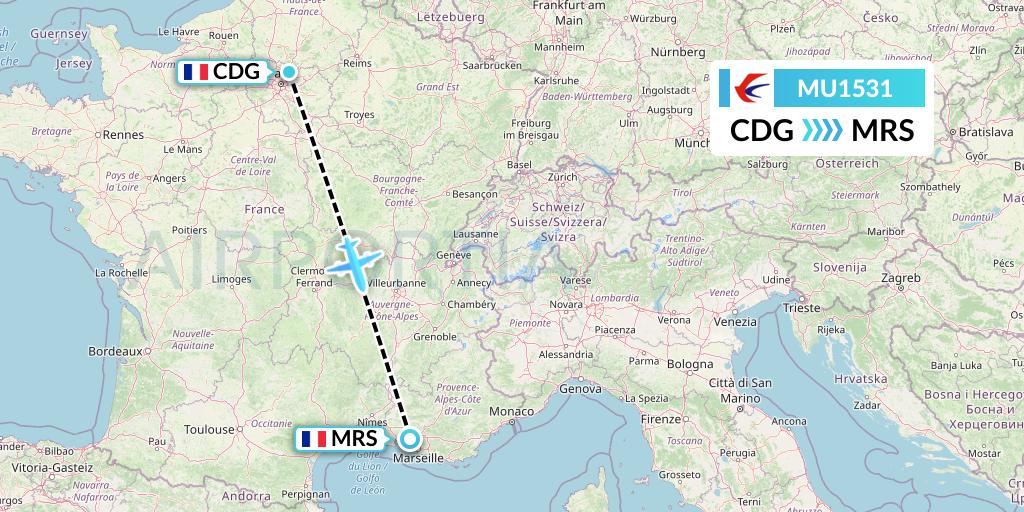 MU1531 China Eastern Airlines Flight Map: Paris to Marseille