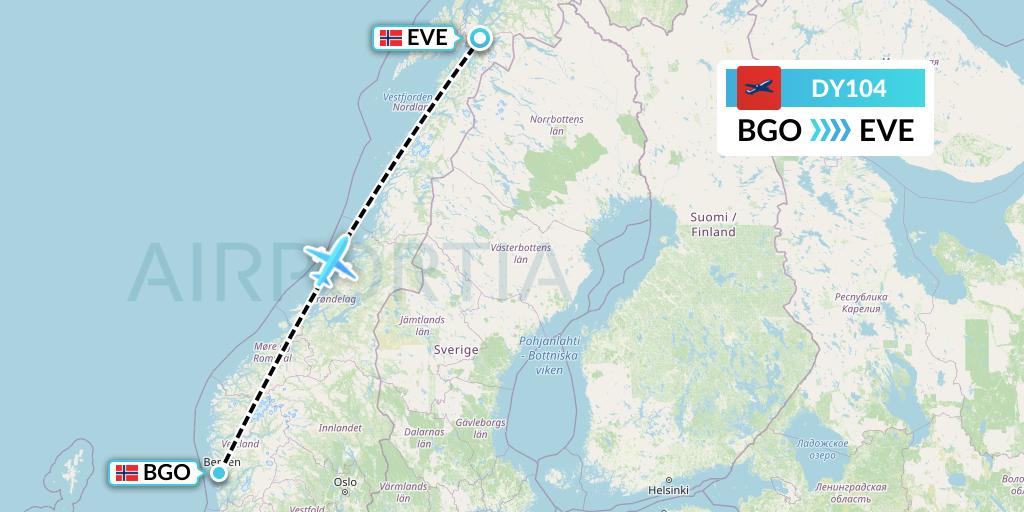 DY104 Norwegian Flight Map: Bergen to Harstad