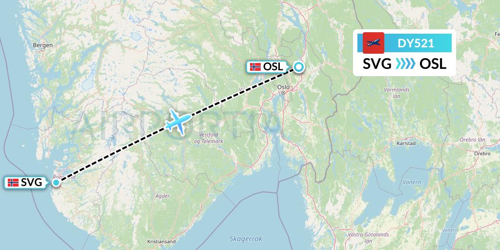 DY521 Norwegian Flight Map: Stavanger to Oslo