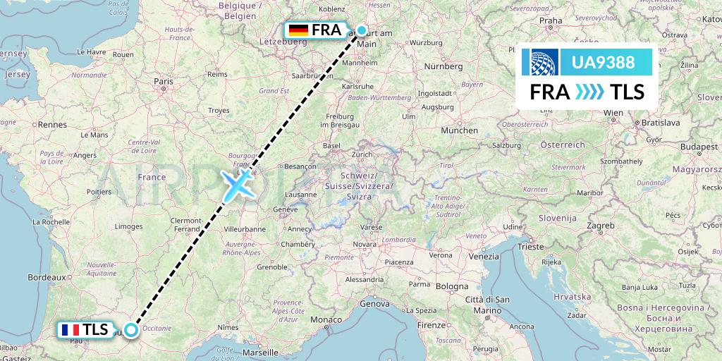 UA9388 United Airlines Flight Map: Frankfurt to Toulouse