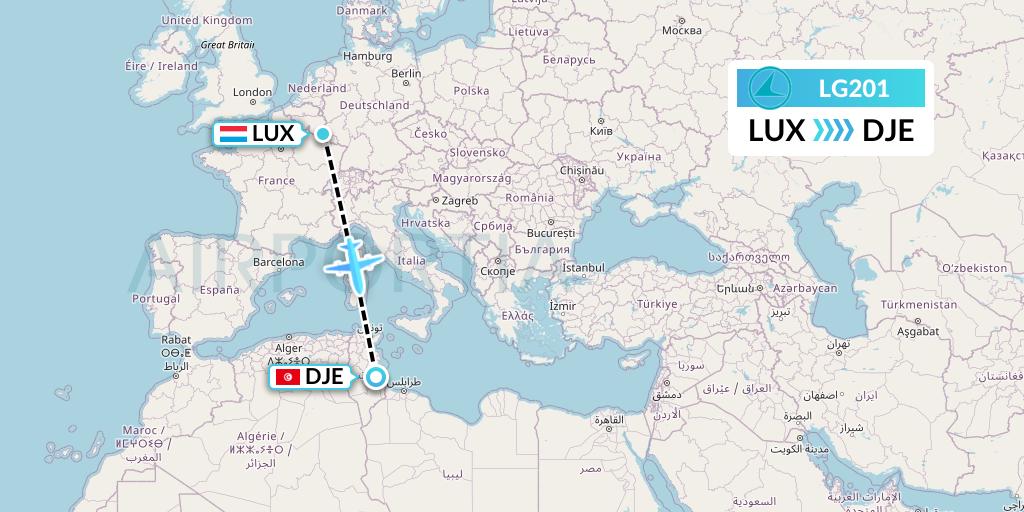 LG201 Luxair Flight Map: Luxembourg to Djerba