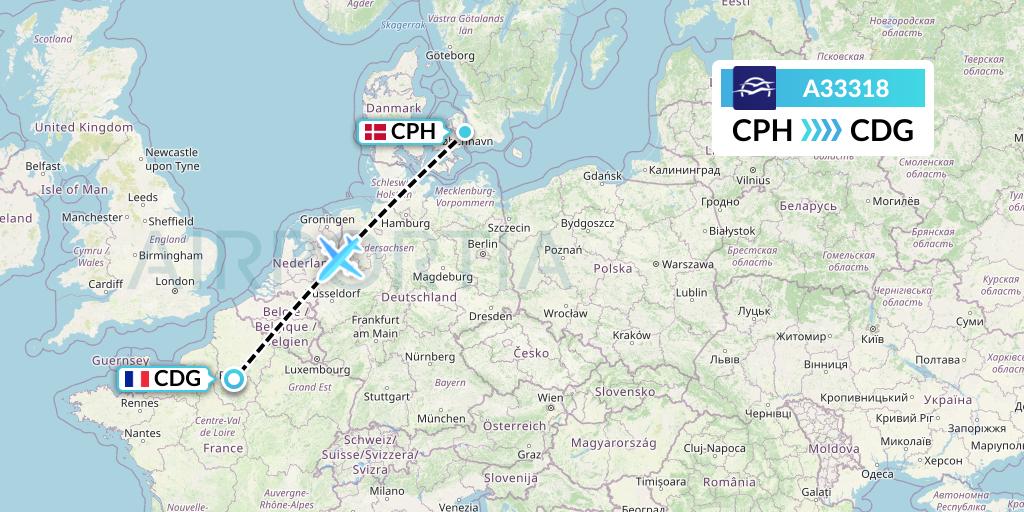 A33318 Aegean Airlines Flight Map: Copenhagen to Paris