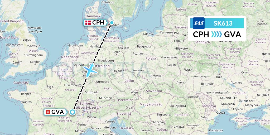 SK613 SAS Flight Map: Copenhagen to Geneva