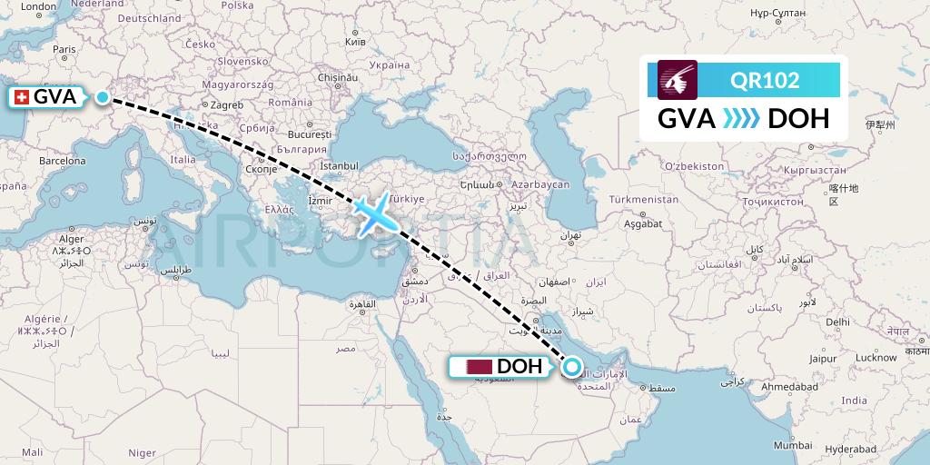 QR102 Qatar Airways Flight Map: Geneva to Doha