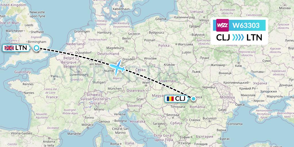W63303 Wizz Air Flight Map: Cluj-Napoca to London