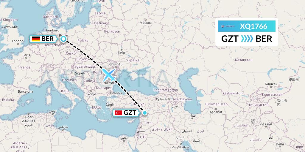 XQ1766 SunExpress Flight Map: Gaziantep to Berlin