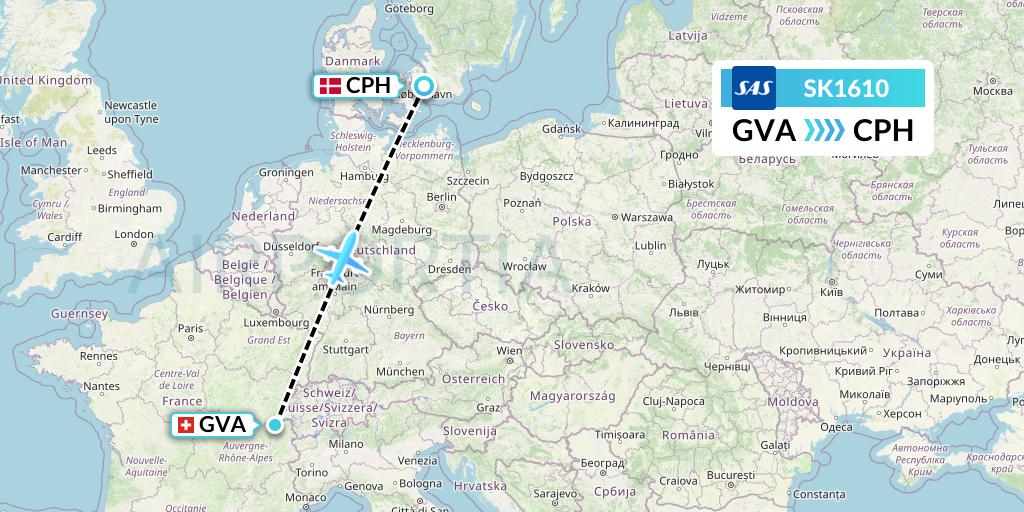 SK1610 SAS Flight Map: Geneva to Copenhagen