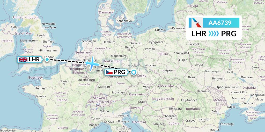 AA6739 American Airlines Flight Map: London to Prague