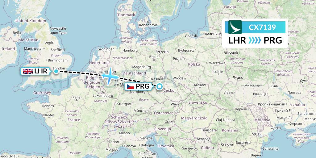 CX7139 Cathay Pacific Flight Map: London to Prague