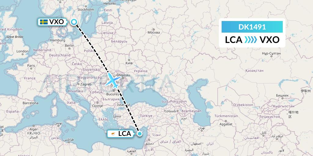 DK1491 Thomas Cook Airlines Scandinavia Flight Map: Larnaca to Vaxjo
