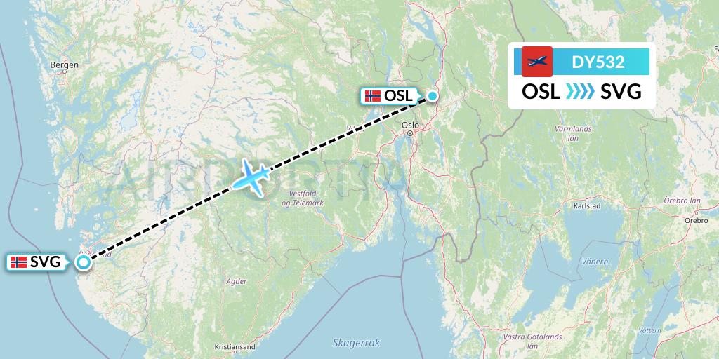 DY532 Norwegian Flight Map: Oslo to Stavanger