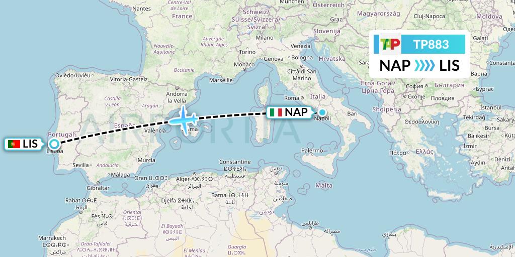 TP883 TAP Portugal Flight Map: Naples to Lisbon